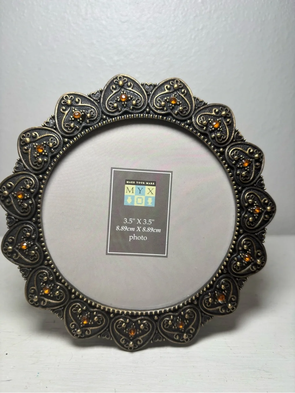 Decorative Round Picture Frame in Antique Bronze with Amber Accents